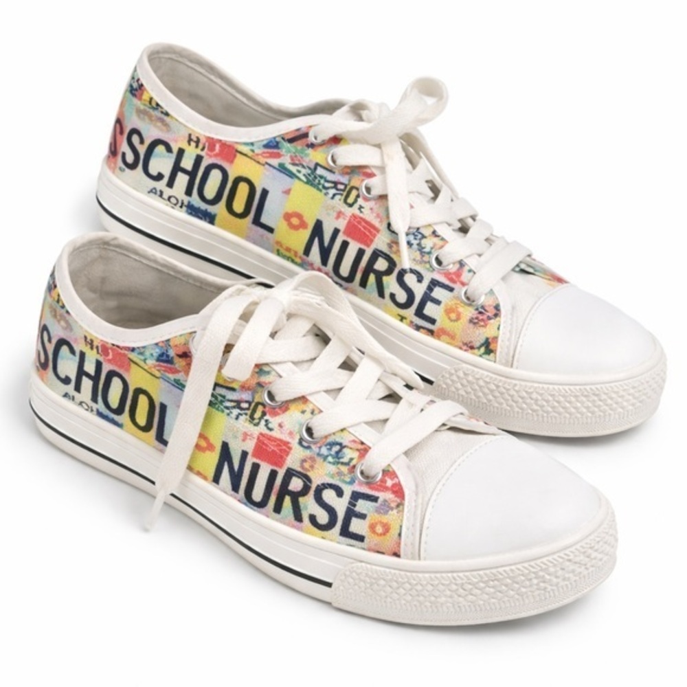 School Nurse White Graphic Sneakers Nurse Pride Lace Up Shoes Womens 7 Mens 5